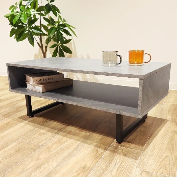 Hoola. コンクリート調 センターテーブル 横幅90 cm 奥行き45 高さ36 ローテーブル 収納スペース付き グレー コンクリート柄 MDF 木材 スチール 四角 長方形 おしゃれ かわいい シンプル モノトーン 家具 リビング 韓国インテリア