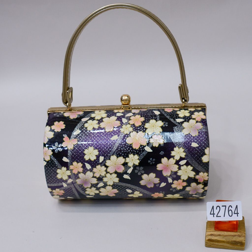 草履バッグセット 合皮螺鈿 桜 フリーサイズ 24 cm 適合足サイズ22.5〜24.5 紫×黒×ゴールド 振袖 成人式 NO 42764