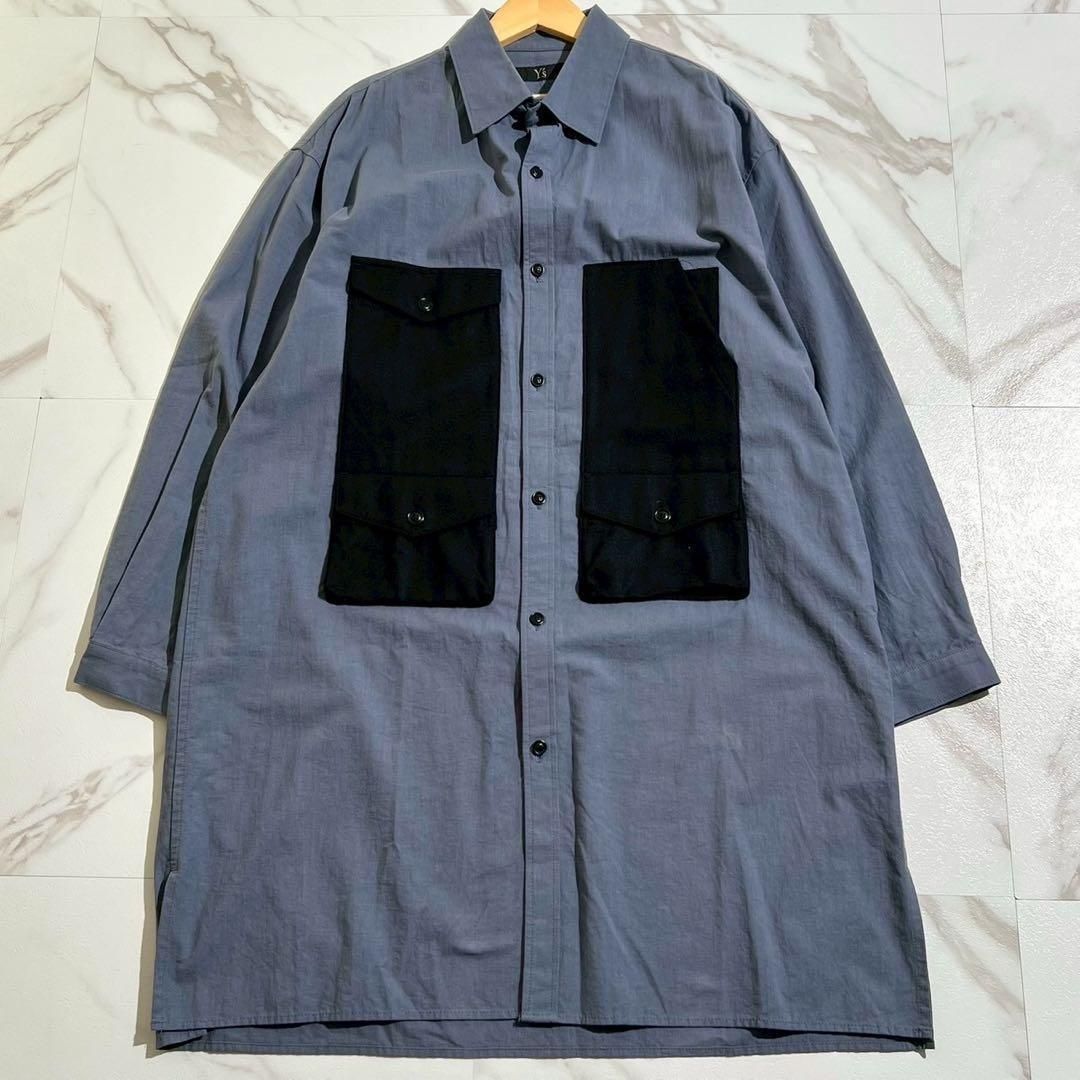 Y s ワイズ Yohji Yamamoto ヨウジヤマモト 2025AW 秋冬 切り替え 切替 異素材ドッキング ロングシャツ オーバーサイズ長袖シャツ シャツコート シャツアウター コットン ブルー ブラック Lサイズ相当 メンズ