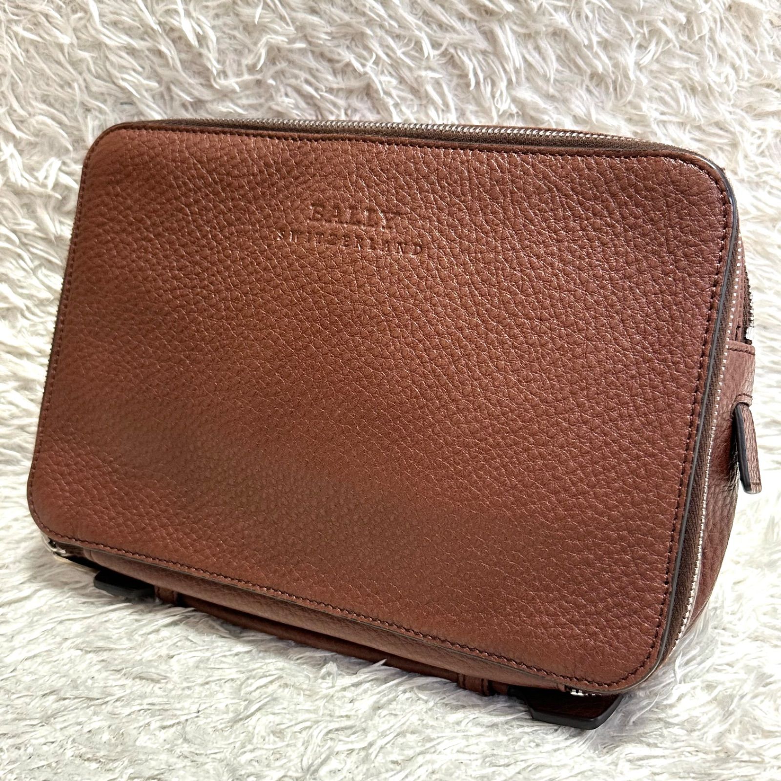 BALLY バリー クラッチバック セカンドバッグ レザー シボ革 ダブルファスナー ブラウン