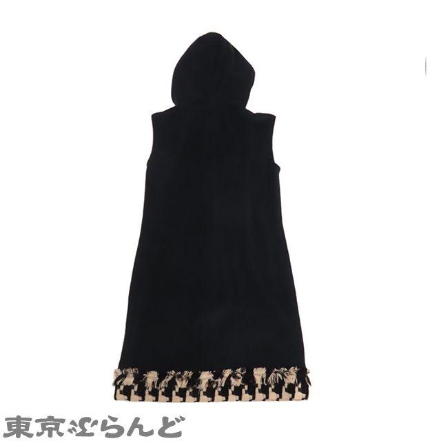 シャネル CHANEL ノースリーブ パーカー ワンピース ブラックxベージュ 千鳥柄 パイル地 36 レディース
