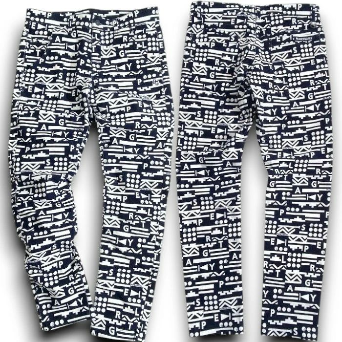 PEARLY GATES パーリーゲイツ ゴルフ パワフルコットン モールスキン モダンナバホ柄 総柄 ストレッチ ロングパンツ ゴルフウェア 053-2231113 定価3.3万 ディープネイビー ホワイト 036 51104 w 08