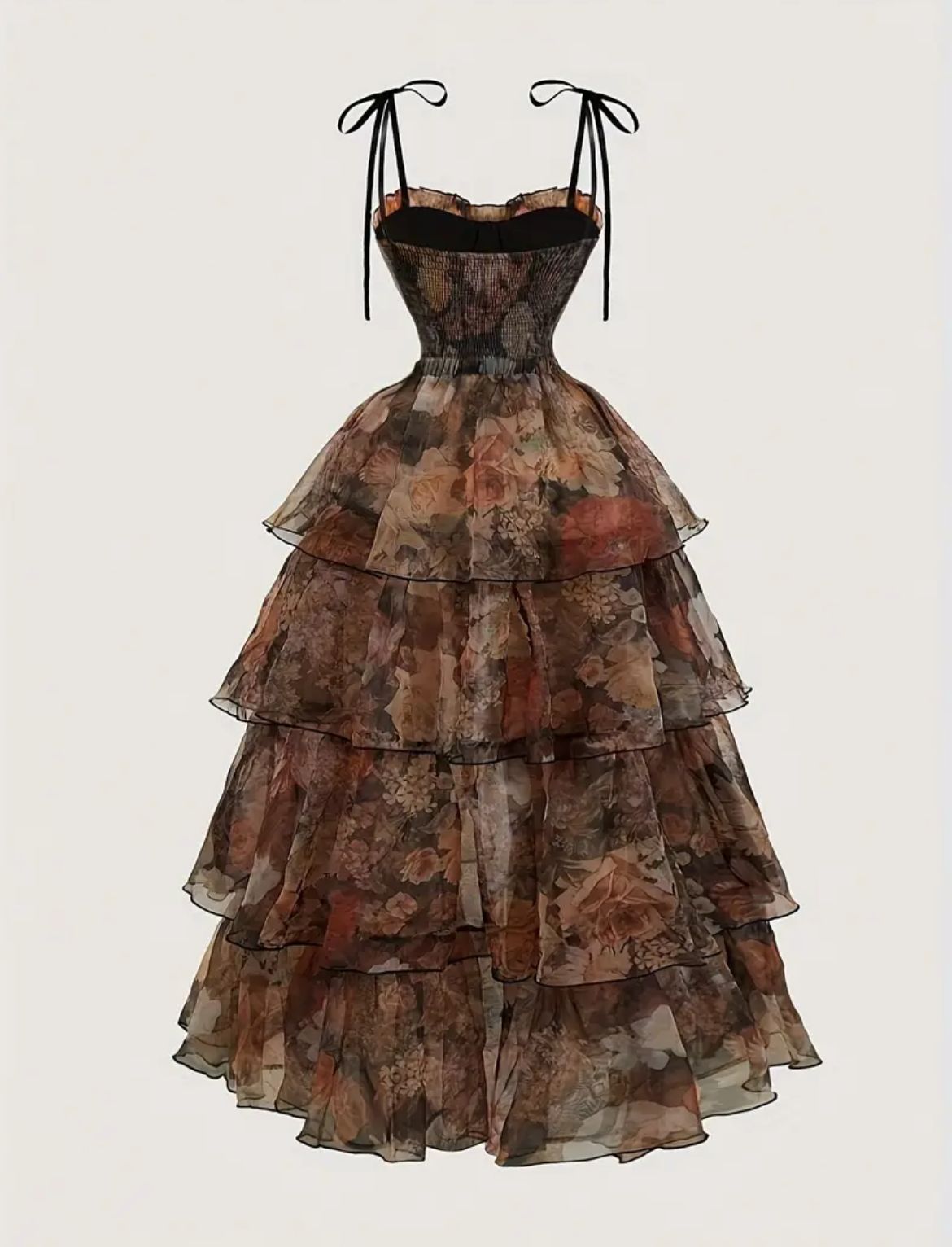 ツーピース ドレス ダークブラウン ロングドレス ノースリーブ アンティーク 花柄