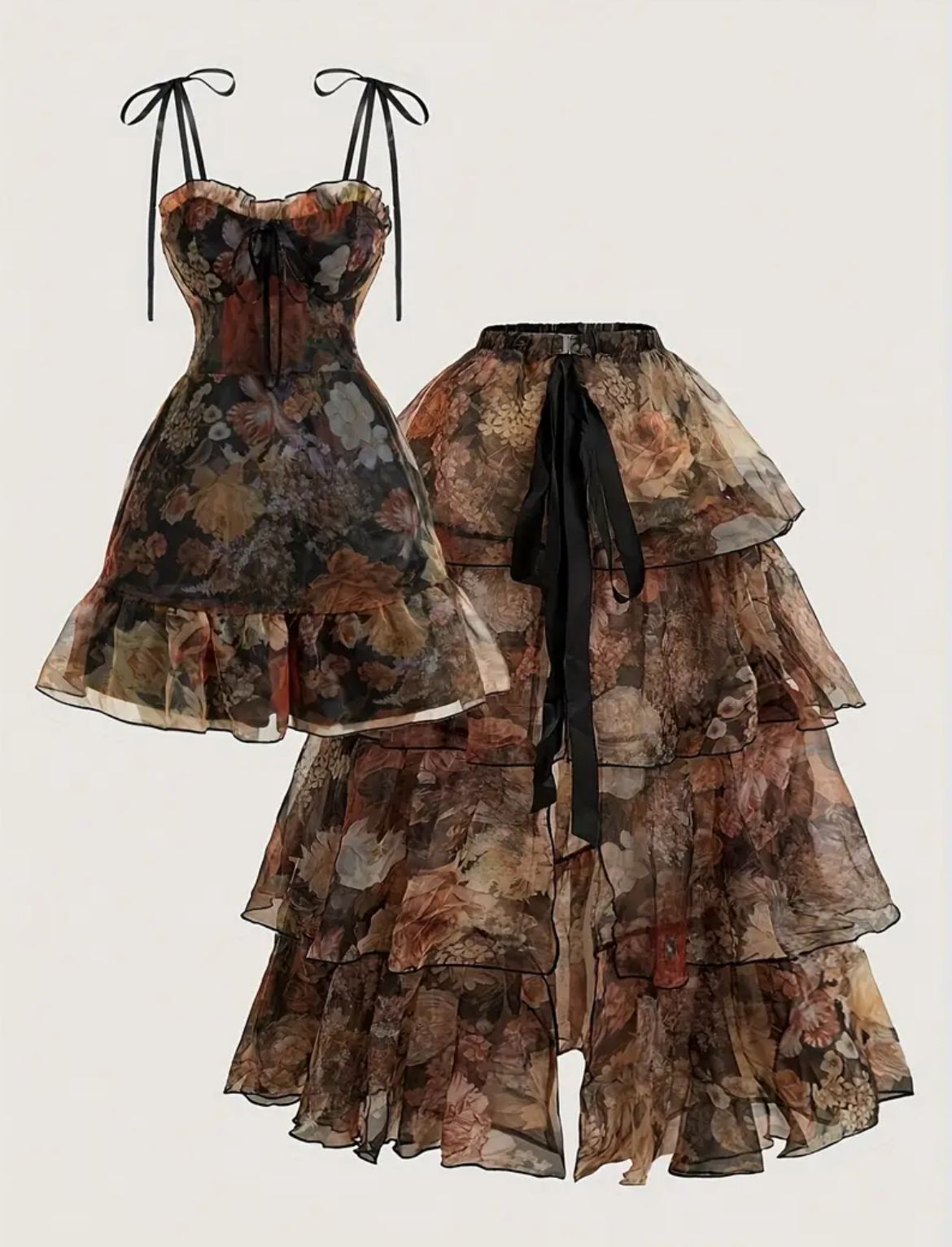 ツーピース ドレス ダークブラウン ロングドレス ノースリーブ アンティーク 花柄