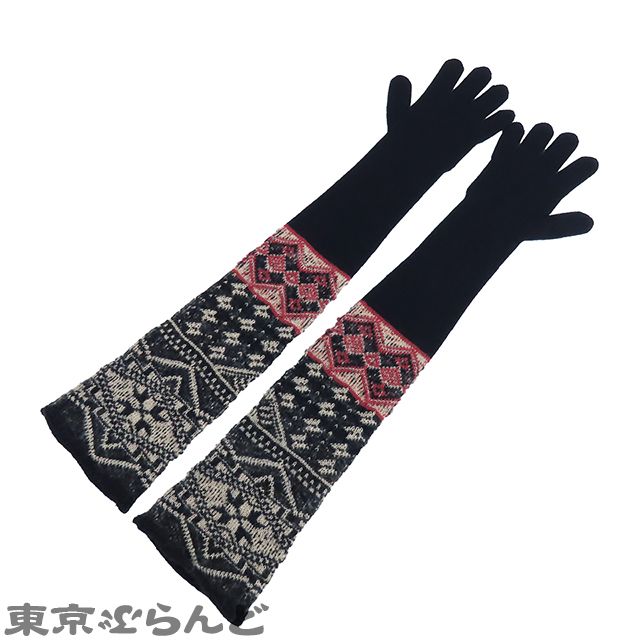 シャネル CHANEL ロング グローブ ネイビーxホワイトxレッド ウール カシミヤ M 手袋 レディース