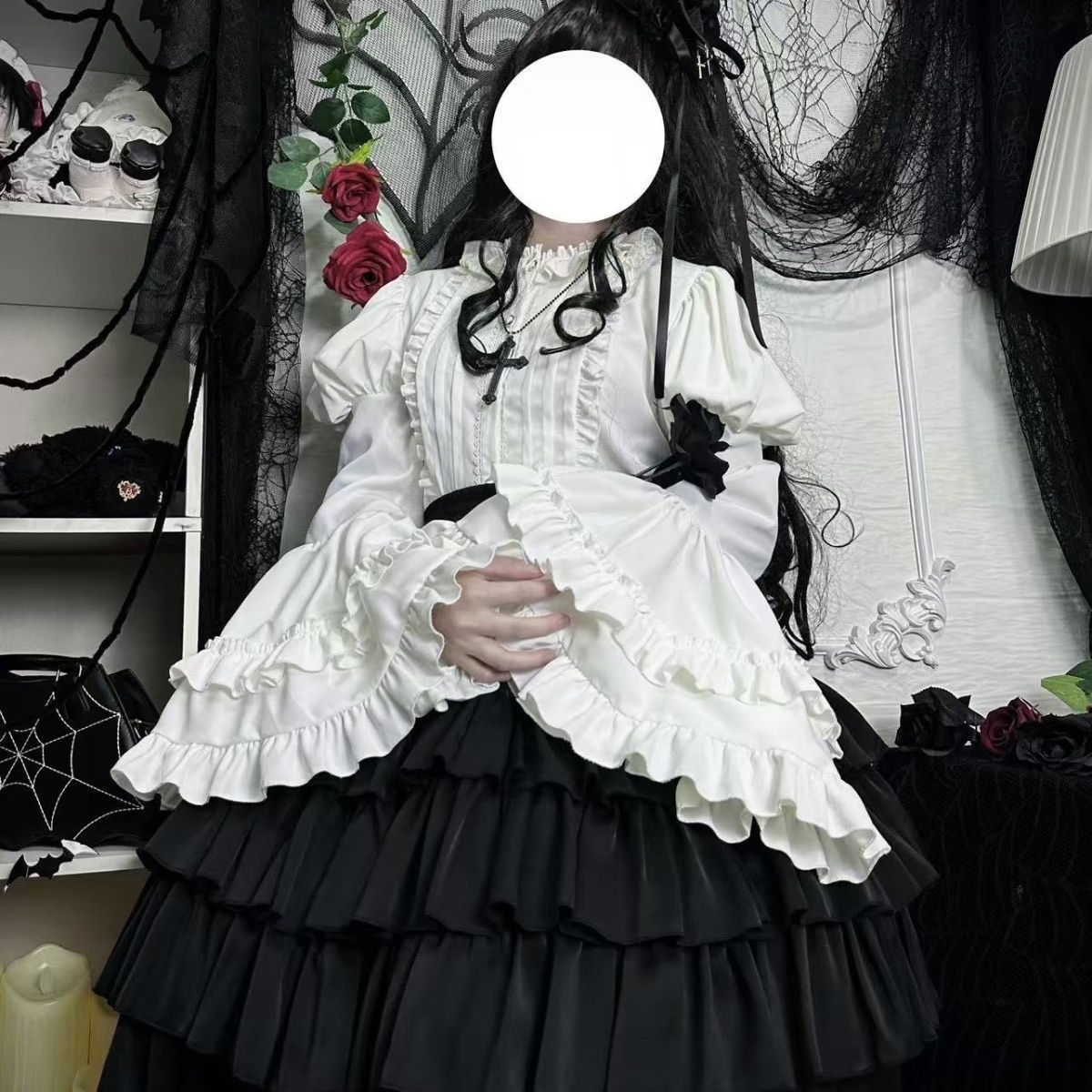 姫袖ブラウス フリルレース ロリータ ブラウス ホワイトシャツ 長袖 