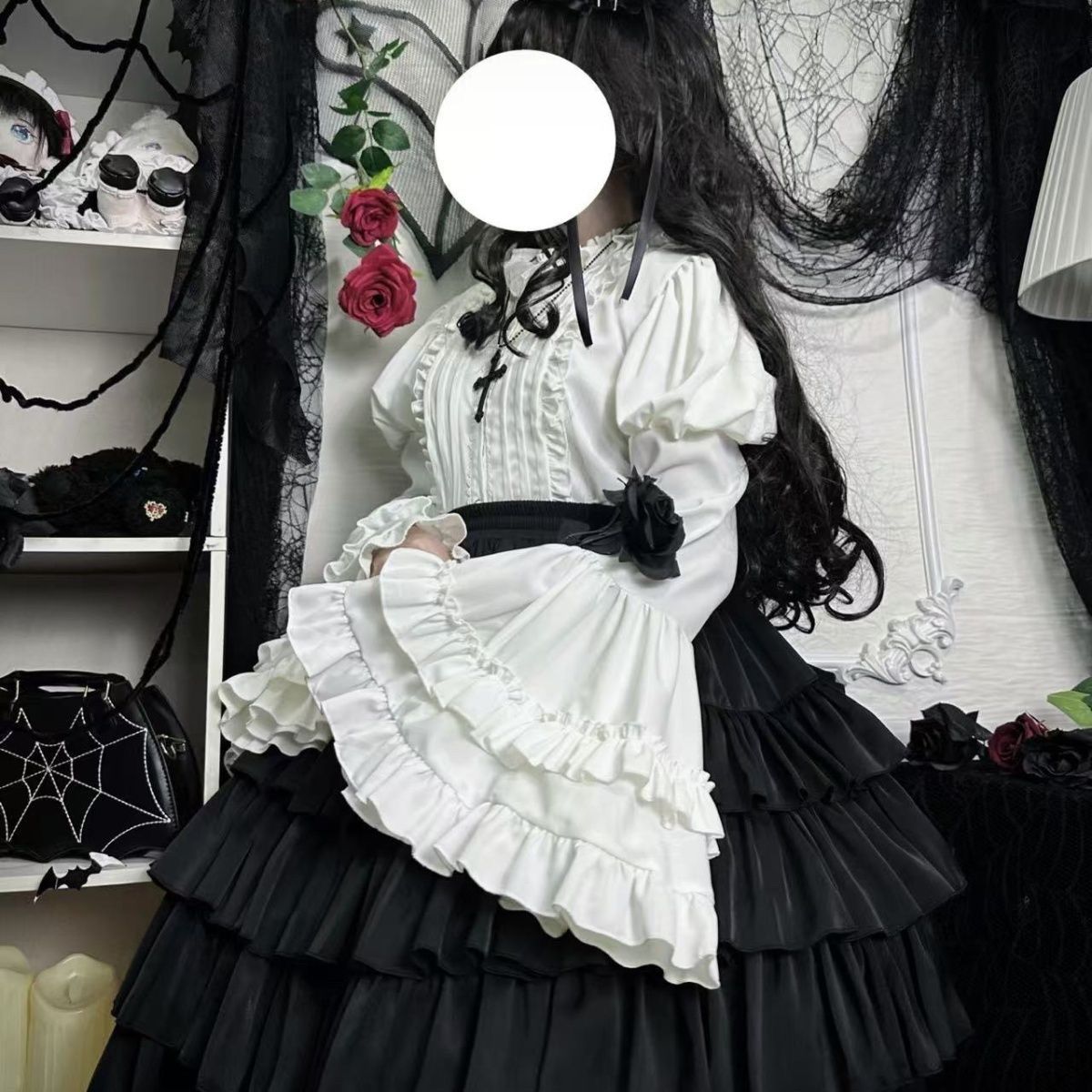 姫袖ブラウス フリルレース ロリータ ブラウス ホワイトシャツ 長袖 