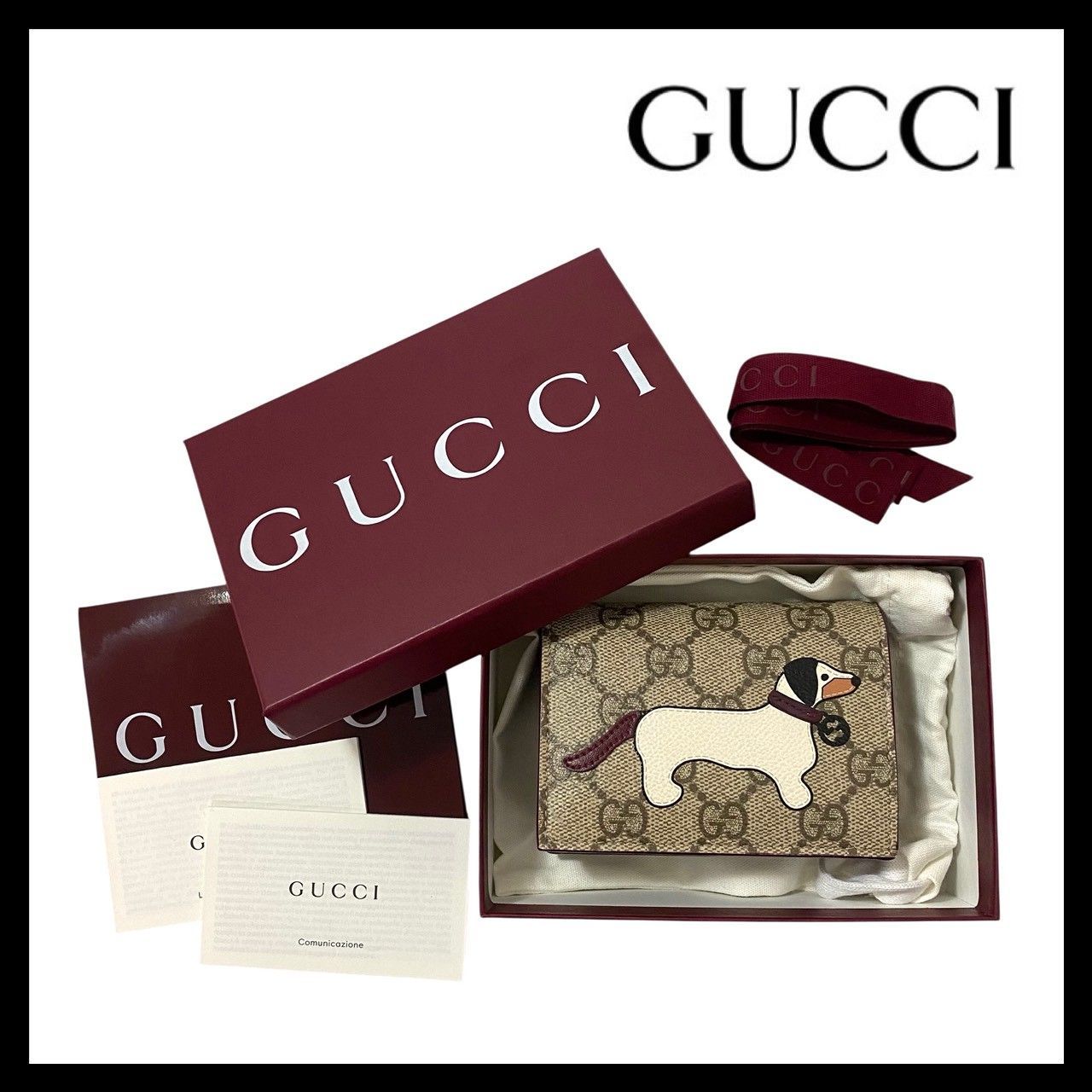 GUCCI ドッグ ディテール GG 二つ折り財布 818767 0416 ベージュ ボルドー 犬 いぬ イヌ コンパクトウォレット グッチ SER-5652