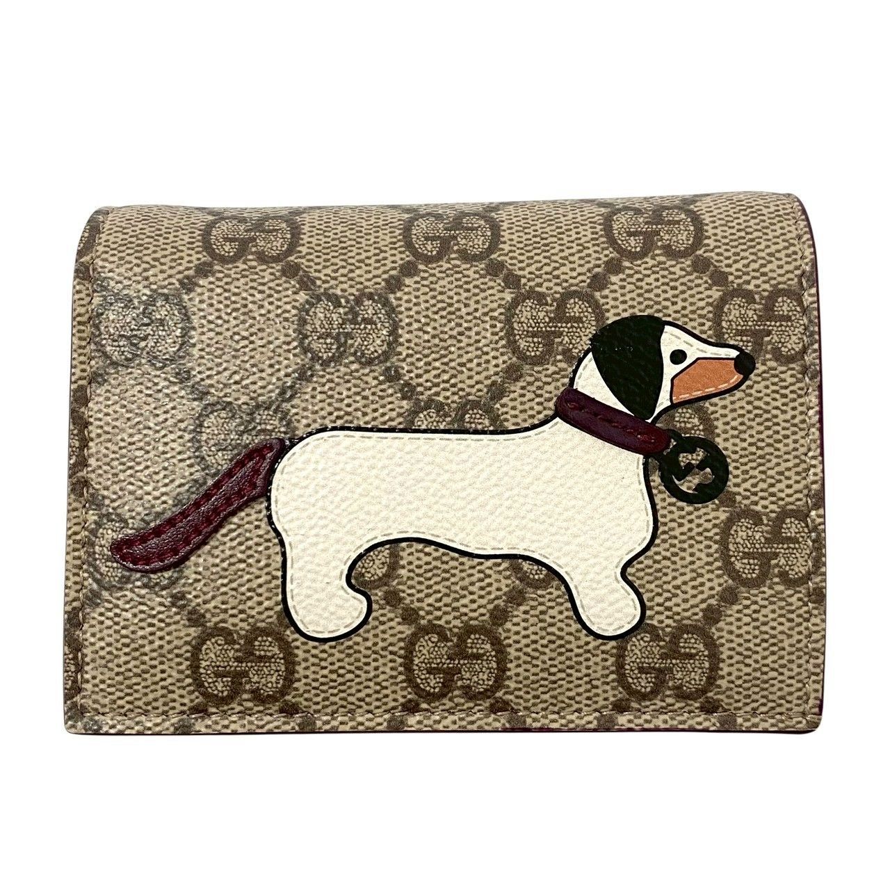 GUCCI ドッグ ディテール GG 二つ折り財布 818767 0416 ベージュ ボルドー 犬 いぬ イヌ コンパクトウォレット グッチ SER-5652