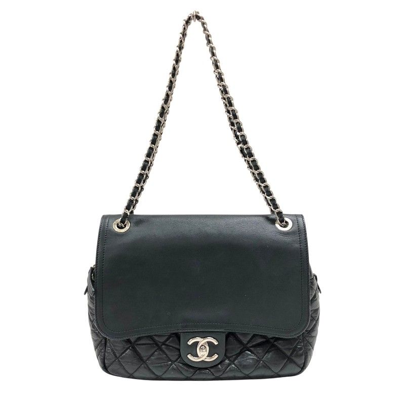 シャネル CHANEL フラップチェーンショルダーバッグ ブラック シルバー金具 カーフレザー レディース ショルダーバッグ