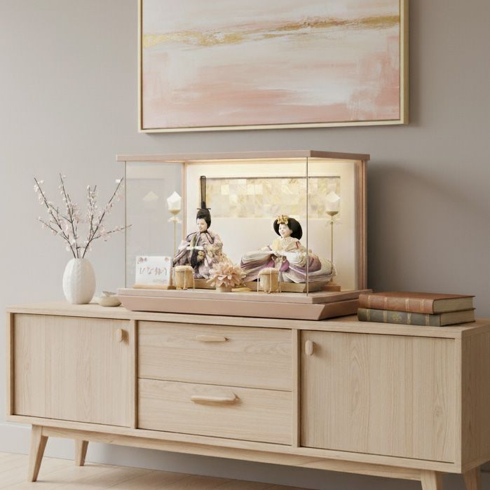 雛人形 コンパクト 親王飾り ピンク塗 アクリル ケース飾 LED照明付き 芥子雛 友禅衣裳着 モダン おしゃれ 優美 豪華 付