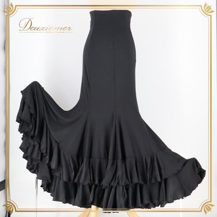 フラメンコ 衣装 ファルダ スカート ハイウエスト 黒 無地 ボランテ フリル 伸縮 レッスン 練習着 ダンス パーティ 発表会 ブラック系 フリルデザイン ダンス衣装 黒スカート 女性用 ファルダフリル ハイウエストスカート ボランテスカート レッスン用衣装