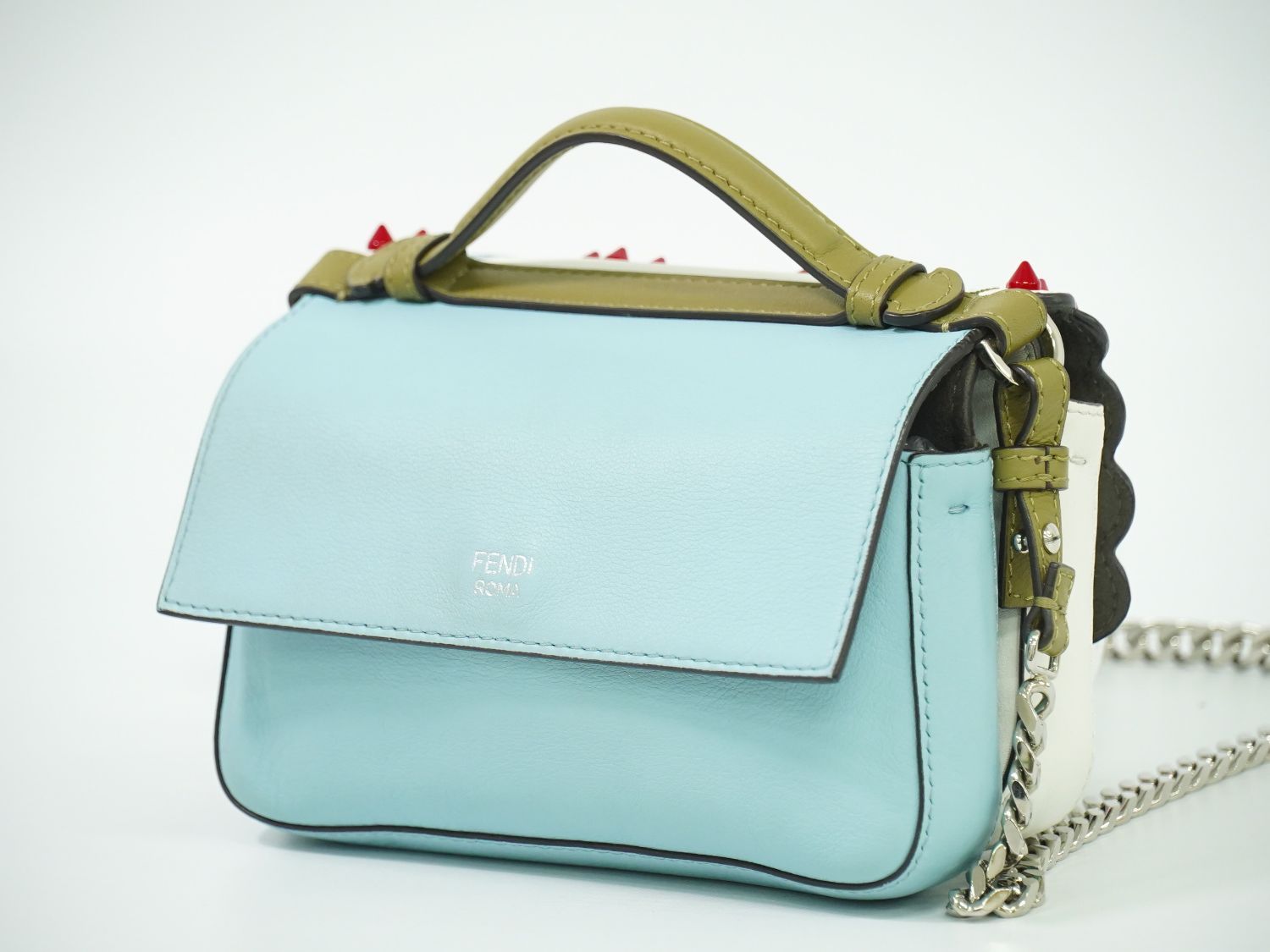 本物 フェンディ FENDI ダブルマイクロバゲット スタッズ 2WAY ショルダーバッグ ハンドバッグ レザー ホワイト ライトブルー 8M0371 バッグ フォロー割