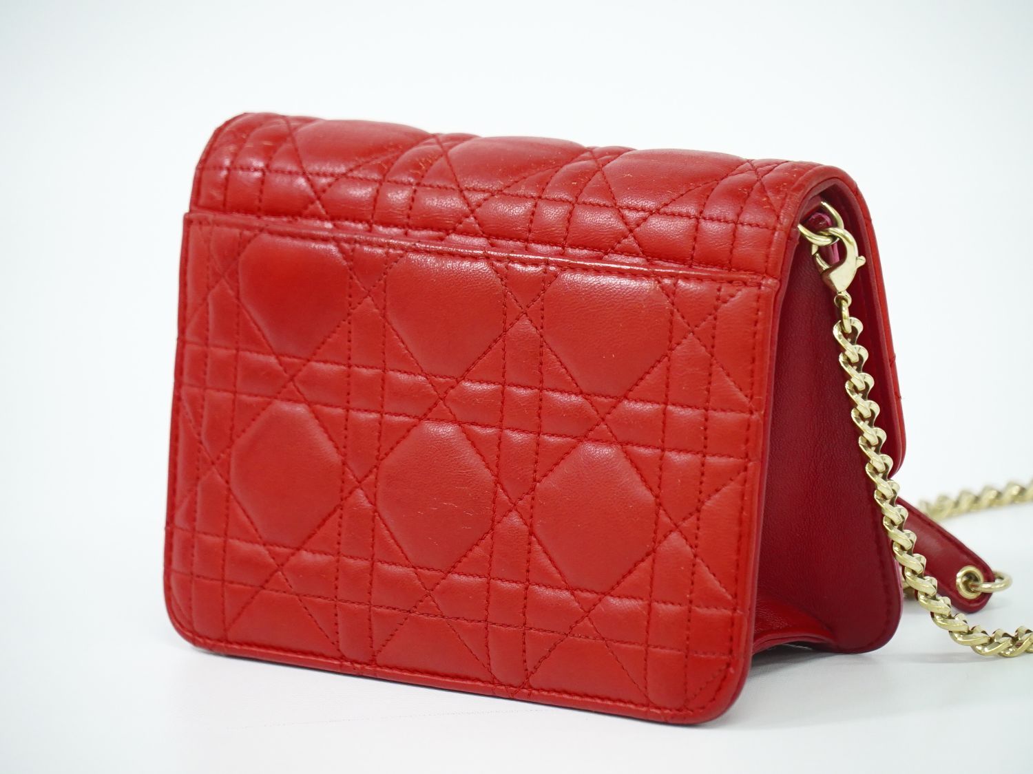 本物 クリスチャン ディオール Christian Dior カナージュ チェーン ショルダーバッグ ポシェット レザー レッド ピンク バッグ フォロー割