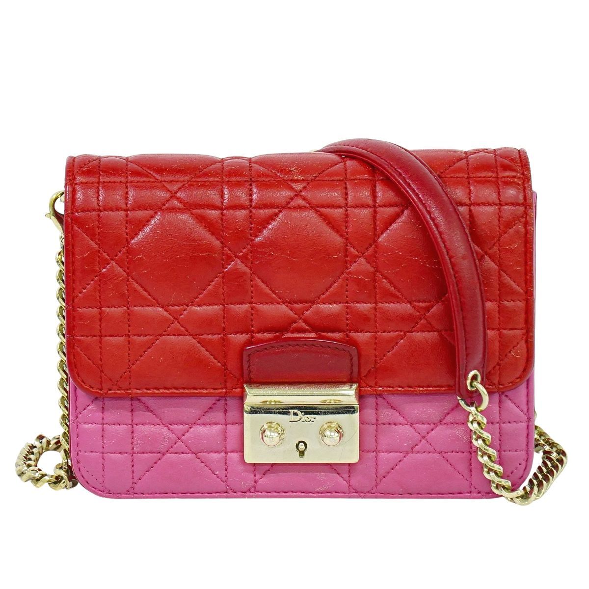 本物 クリスチャン ディオール Christian Dior カナージュ チェーン ショルダーバッグ ポシェット レザー レッド ピンク バッグ フォロー割