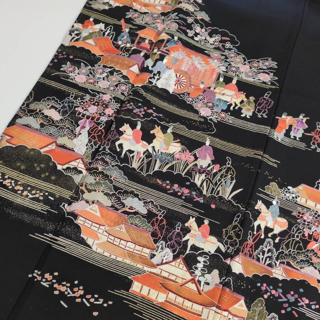 黒留袖 相良刺繍 蘇州刺繍 金彩 裄66.5 大名行列 豪華刺繍 比翼 正絹