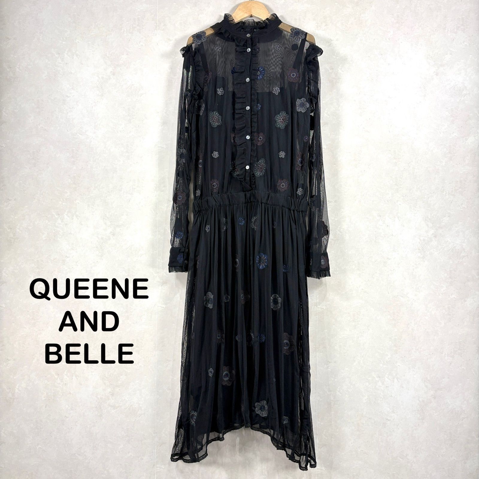 QUEENE AND BELLE クイーンアンドベル 花柄 刺繍 フリル シースルー 変形 ロングワンピース ブラック