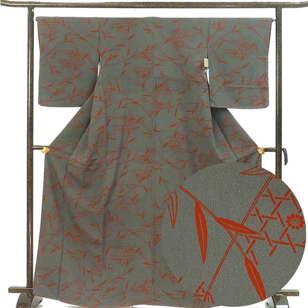 小紋 身丈167 cm 裄65 前幅24 5 後幅30 袖丈52 袖幅34 レディース 袷 笹 裄Mサイズ 秋冬春用 正絹 シルク グレー トールサイズ リメイク リユース リサイクル 呉服のきくや