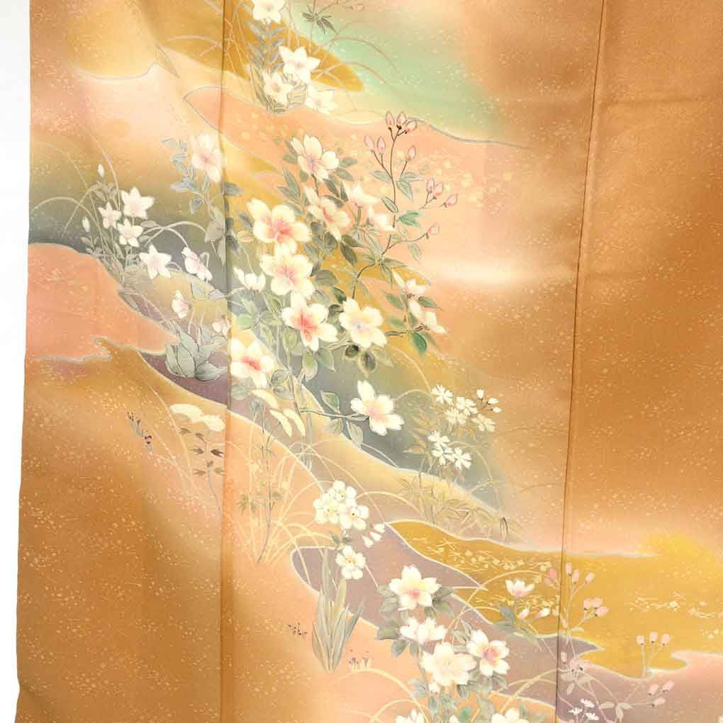 訪問着 身丈167 cm 裄66 前幅25 後幅29.5 袖丈49 袖幅34 レディース 袷 花柄 裄長 裄M-Lサイズ 秋冬春用 正絹 シルク ブラウン トールサイズ リメイク リユース リサイクル 呉服のきくや