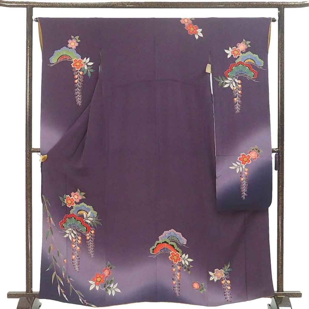 振袖 身丈163 cm 裄65 前幅23 後幅29.5 袖丈109 袖幅32 レディース 袷 花柄 裄Mサイズ 秋冬春用 正絹 シルク パープル リメイク リユース リサイクル 呉服のきくや