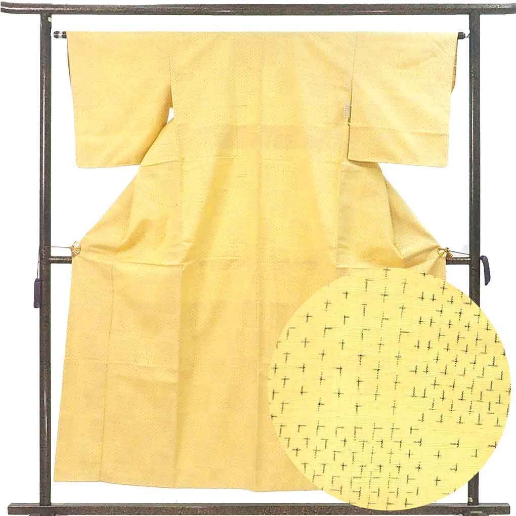 紬 身丈154 cm 裄63 5 前幅24 後幅30 袖丈47 袖幅32 レディース 袷 絣模様 裄Mサイズ 秋冬春用 正絹 シルク イエロー リメイク リユース リサイクル 呉服のきくや