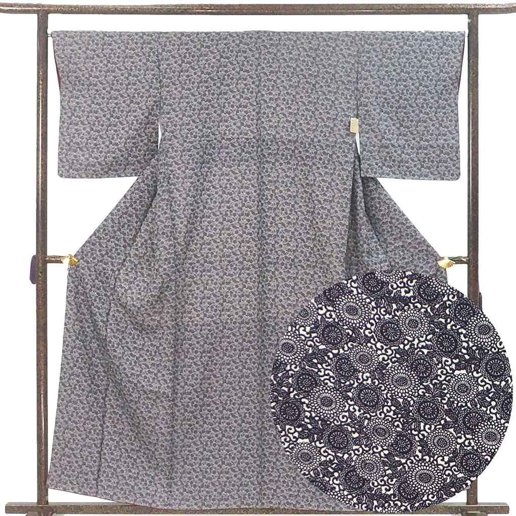 小紋 身丈159 cm 裄67 前幅24.5 後幅30 袖丈49 袖幅33 レディース 袷 菊 裄長 裄Lサイズ 秋冬春用 正絹 シルク グレー リメイク リユース リサイクル 呉服のきくや