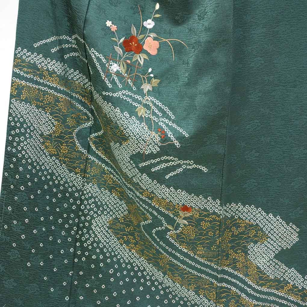 訪問着 身丈157 cm 裄67 前幅27 後幅32 袖丈48 袖幅34 レディース 袷 絞り 裄長 裄Lサイズ 秋冬春用 正絹 シルク グリーン やや難 リメイク リユース リサイクル 呉服のきくや