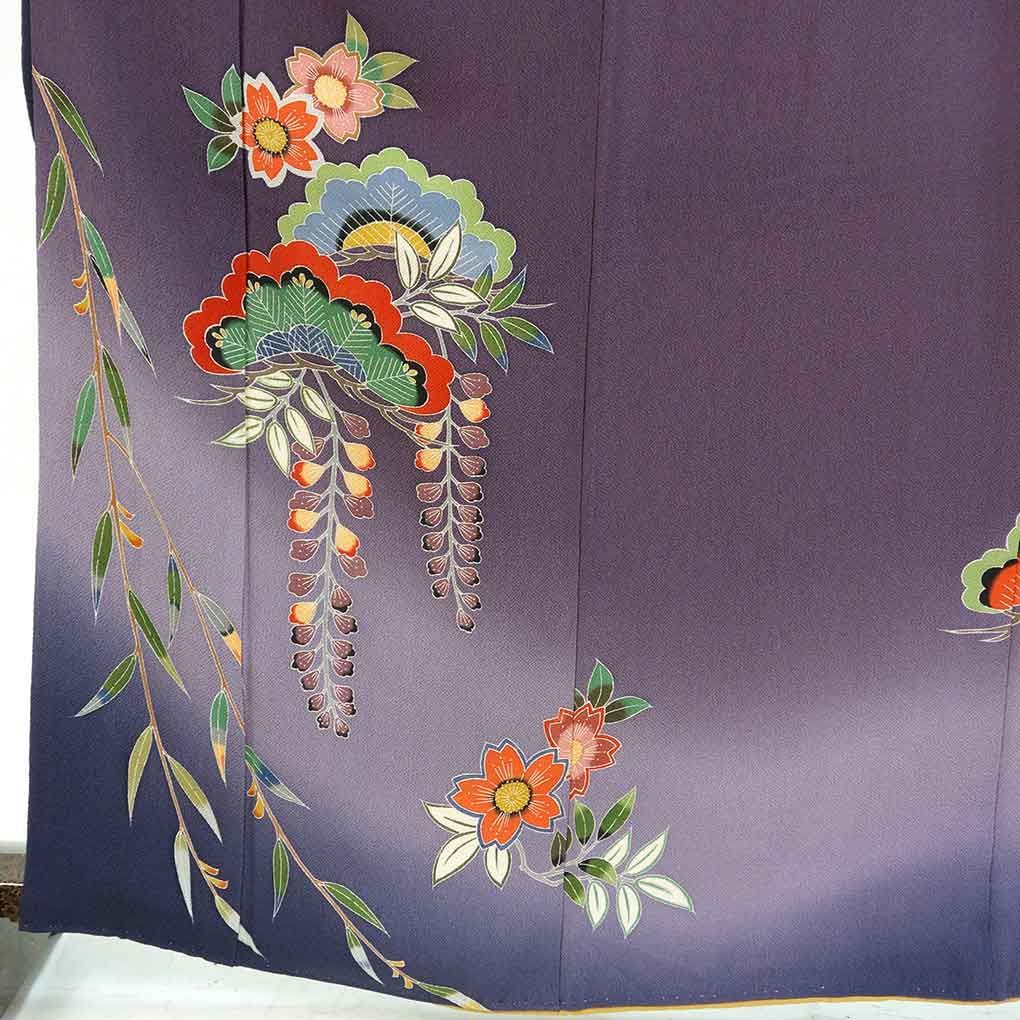 振袖 身丈163 cm 裄65 前幅23 後幅29.5 袖丈109 袖幅32 レディース 袷 花柄 裄Mサイズ 秋冬春用 正絹 シルク パープル リメイク リユース リサイクル 呉服のきくや