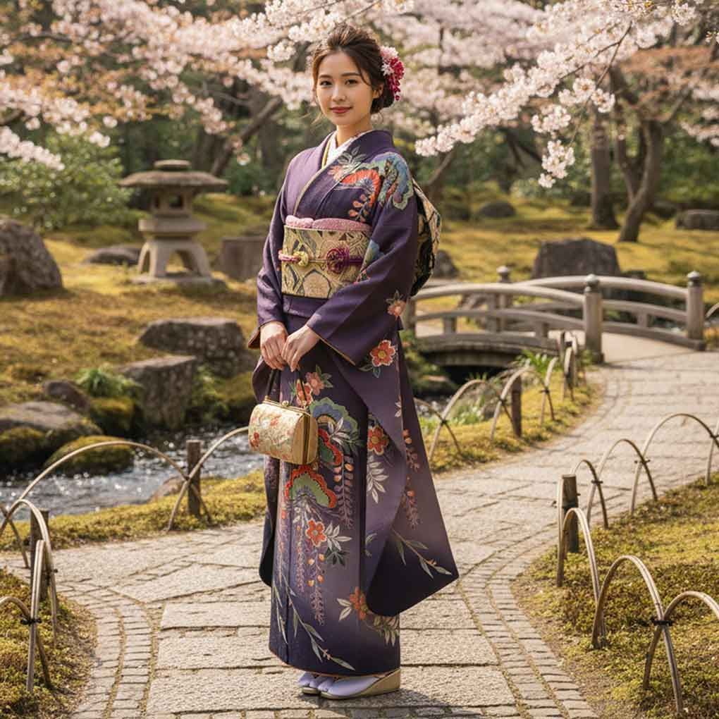  振袖 身丈163 cm 裄65 前幅23 後幅29.5 袖丈109 袖幅32 レディース 袷 花柄 裄Mサイズ 秋冬春用 正絹 シルク パープル リメイク リユース リサイクル 呉服のきくや 振袖 着物