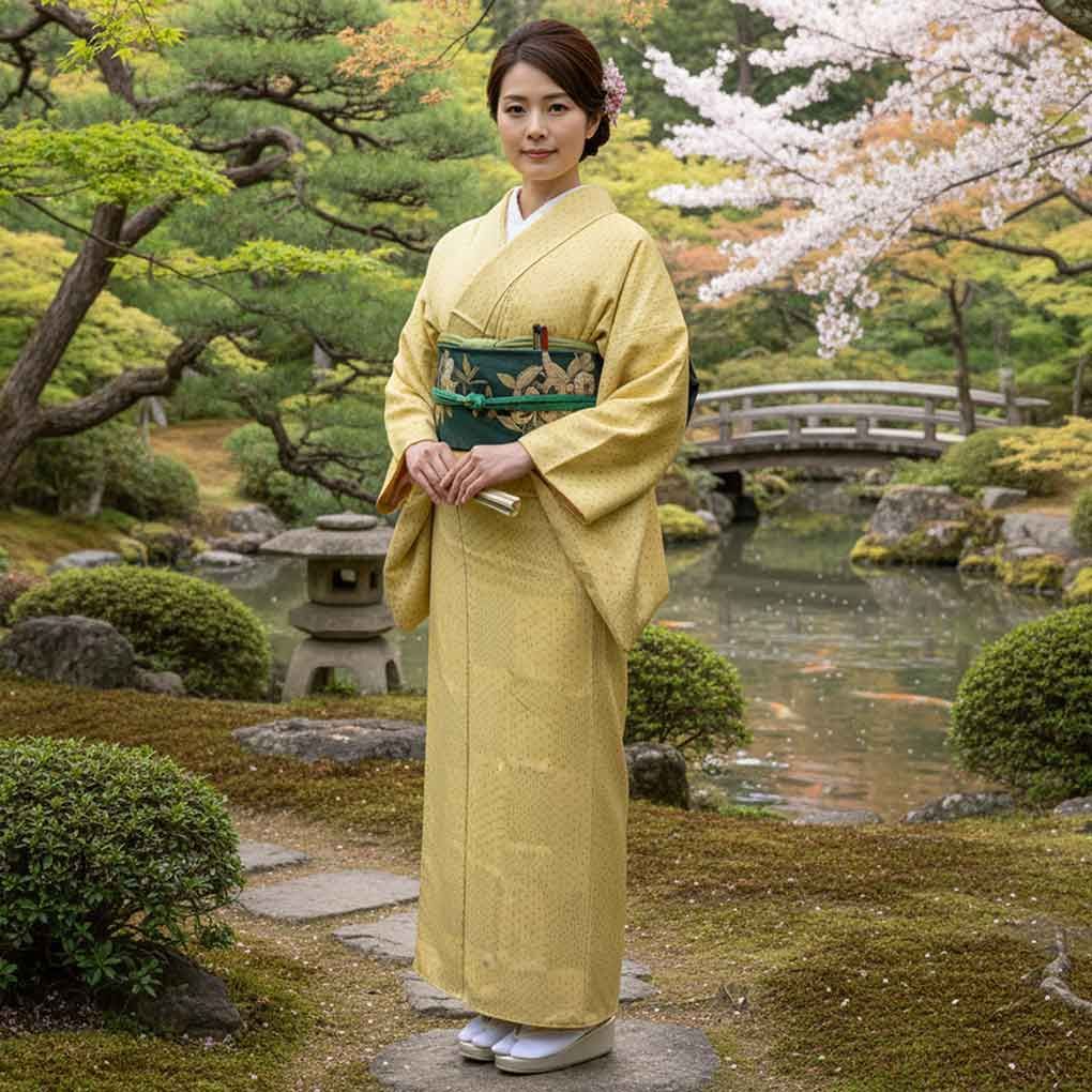  紬 身丈154 cm 裄63.5 前幅24.5 後幅30 袖丈47 袖幅32 レディース 袷 絣模様 裄Mサイズ 秋冬春用 正絹 シルク イエロー リメイク リユース リサイクル 呉服のきくや 紬 着物