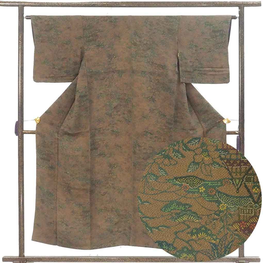 小紋 身丈152 cm 裄64 前幅24 後幅29 袖丈45 袖幅32 レディース 袷 風景画 裄Mサイズ 秋冬春用 正絹 シルク ブラウン リメイク リユース リサイクル 呉服のきくや