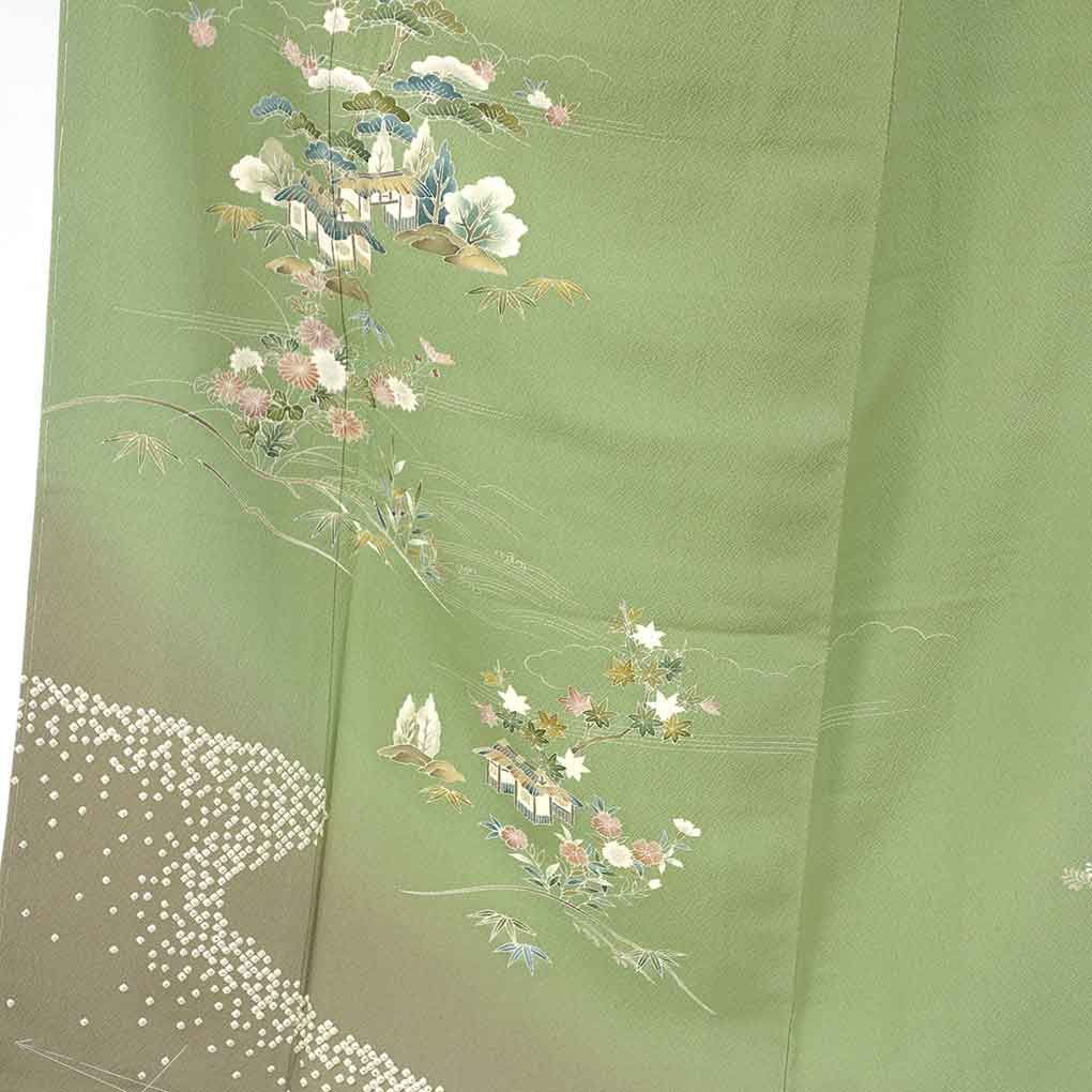 訪問着 身丈156 cm 裄64 前幅25 後幅31 5 袖丈46 袖幅33 レディース 袷 花柄 裄Mサイズ 秋冬春用 正絹 シルク グリーン リメイク リユース リサイクル 呉服のきくや
