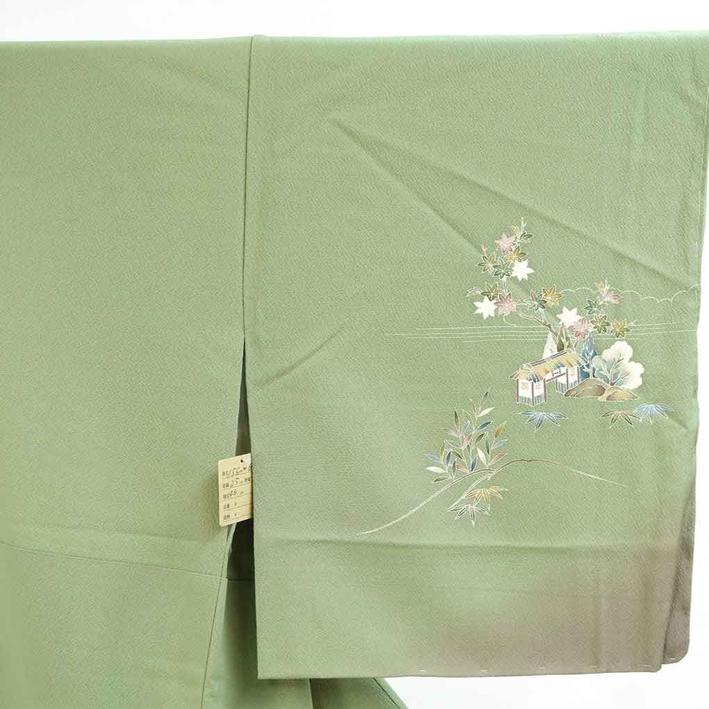  訪問着 身丈156 cm 裄64 前幅25 後幅31.5 袖丈46 袖幅33 レディース 袷 花柄 裄Mサイズ 秋冬春用 正絹 シルク グリーン リメイク リユース リサイクル 呉服のきくや 訪問着 付け下げ 着物