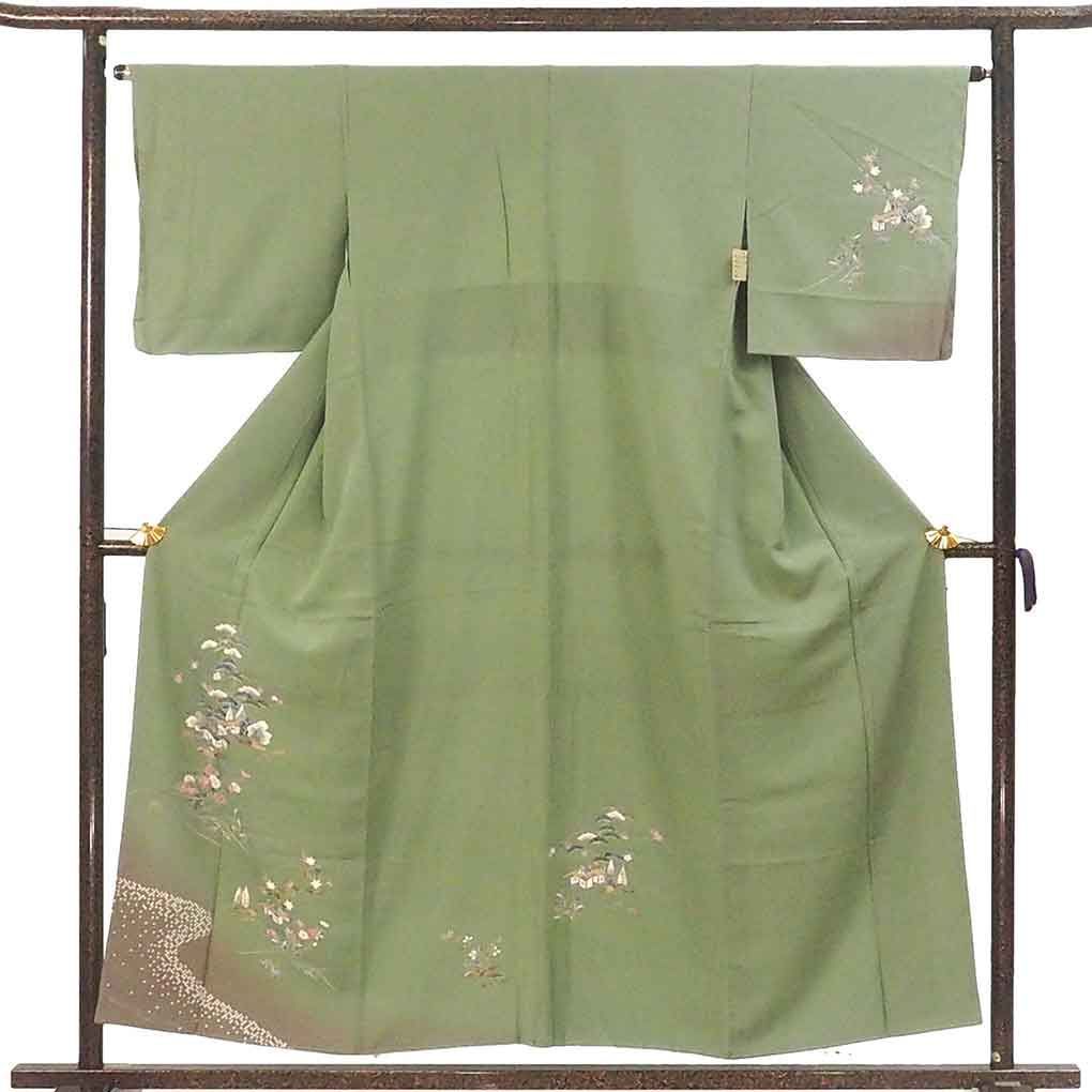 訪問着 身丈156 cm 裄64 前幅25 後幅31.5 袖丈46 袖幅33 レディース 袷 花柄 裄Mサイズ 秋冬春用 正絹 シルク グリーン リメイク リユース リサイクル 呉服のきくや