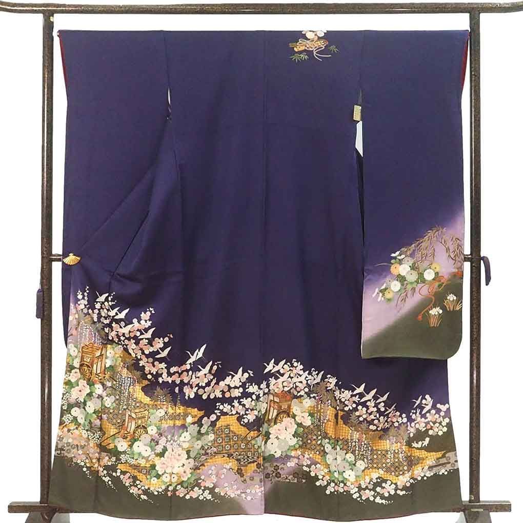 振袖と長襦袢セット 身丈162 cm 裄67 前幅26 後幅31 袖丈108 袖幅34 レディース 袷 御所車 裄長 裄Lサイズ 秋冬春用 正絹 シルク パープル リメイク リユース リサイクル 呉服のきくや