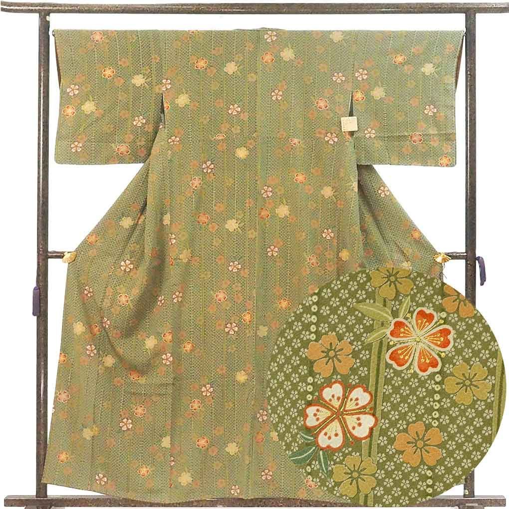 小紋 身丈158 cm 裄66 前幅28 後幅30 袖丈47 袖幅34 レディース 袷 花柄 裄長 裄M-Lサイズ 秋冬春用 正絹 シルク グリーン リメイク リユース リサイクル 呉服のきくや