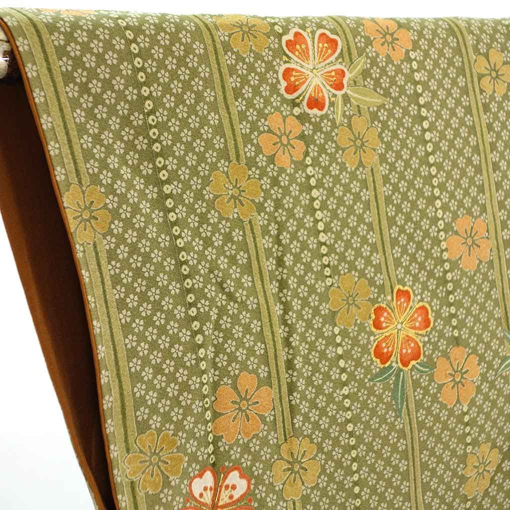  小紋 身丈158 cm 裄66 前幅28 後幅30 袖丈47 袖幅34 レディース 袷 花柄 裄長 裄M-Lサイズ 秋冬春用 正絹 シルク グリーン リメイク リユース リサイクル 呉服のきくや 小紋 着物
