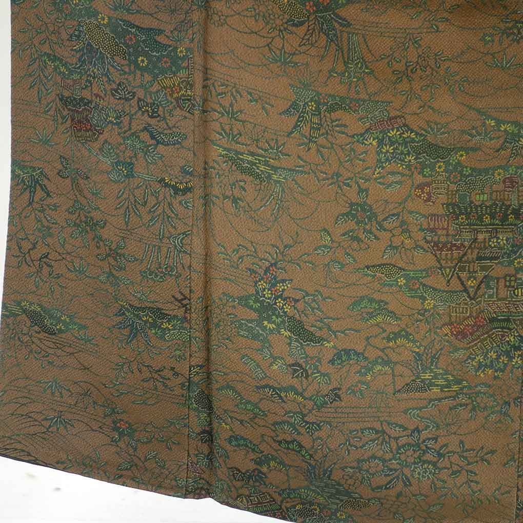 小紋 身丈152 cm 裄64 前幅24 後幅29 袖丈45 袖幅32 レディース 袷 風景画 裄Mサイズ 秋冬春用 正絹 シルク ブラウン リメイク リユース リサイクル 呉服のきくや
