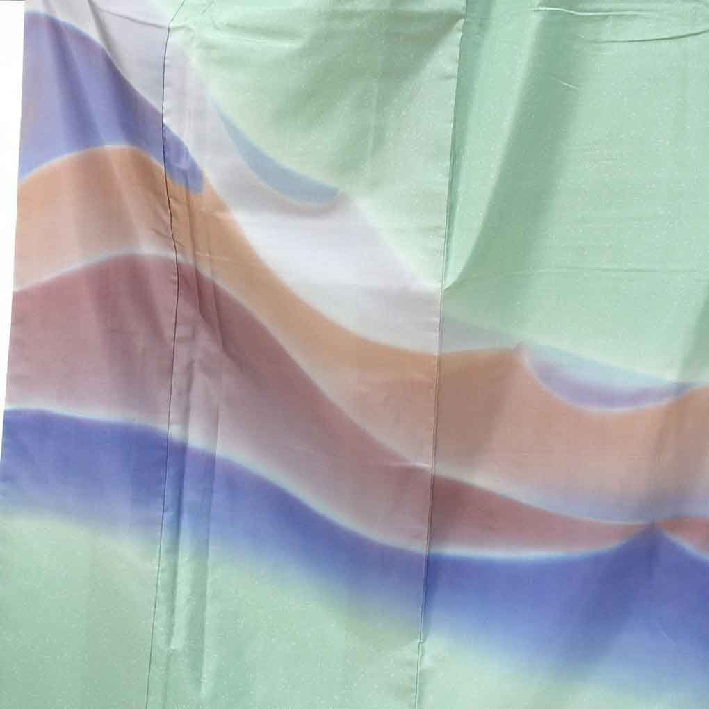 訪問着 身丈155 cm 裄65 前幅25 後幅30 袖丈49 袖幅34 レディース 袷 遠山 裄Mサイズ 秋冬春用 正絹 シルク グリーン 大島紬 リメイク リユース リサイクル 呉服のきくや