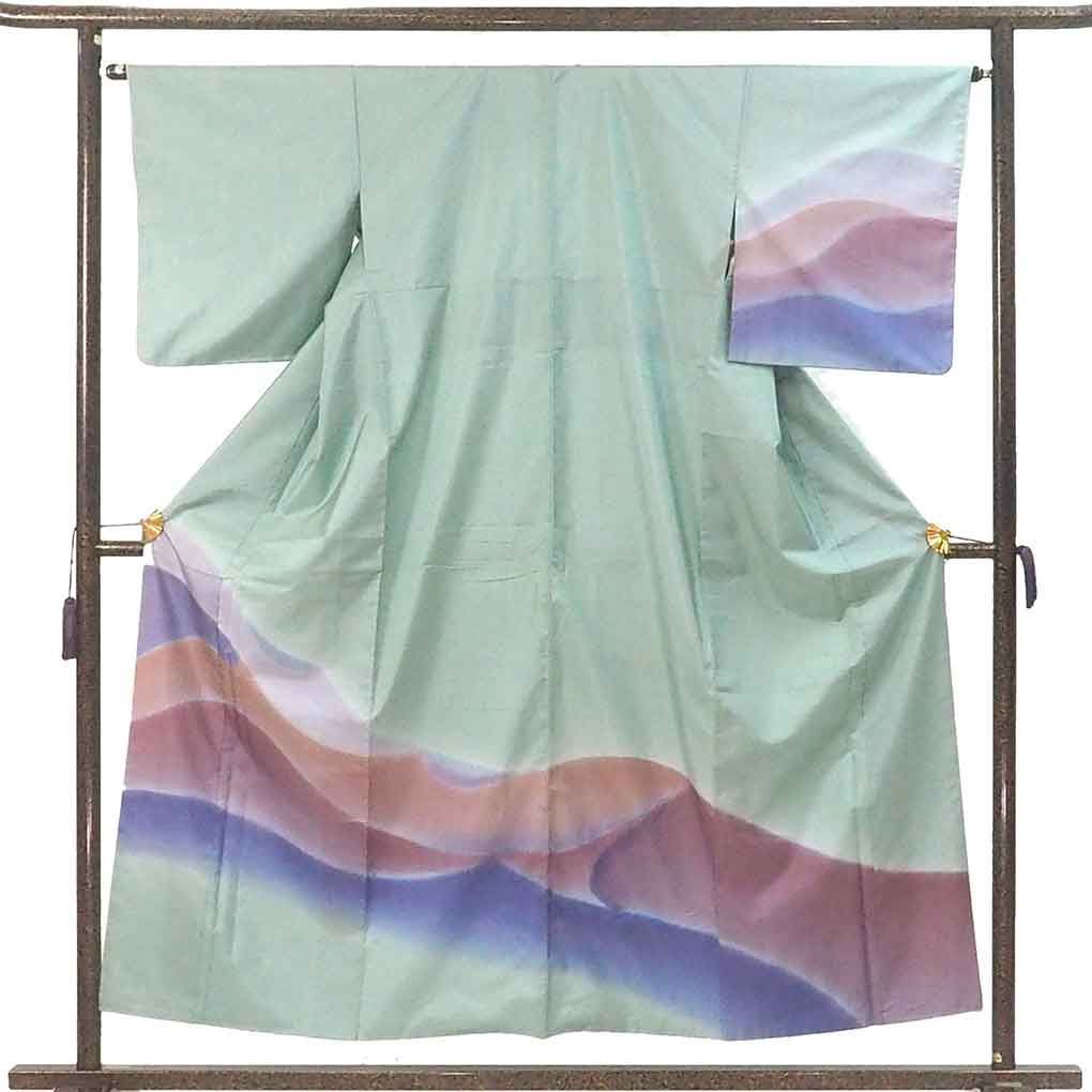 訪問着 身丈155 cm 裄65 前幅25 後幅30 袖丈49 袖幅34 レディース 袷 遠山 裄Mサイズ 秋冬春用 正絹 シルク グリーン 大島紬 リメイク リユース リサイクル 呉服のきくや