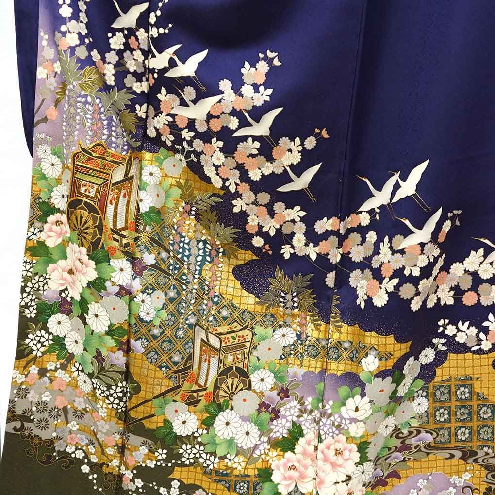 振袖と長襦袢セット 身丈162 cm 裄67 前幅26 後幅31 袖丈108 袖幅34 レディース 袷 御所車 裄長 裄Lサイズ 秋冬春用 正絹 シルク パープル リメイク リユース リサイクル 呉服のきくや