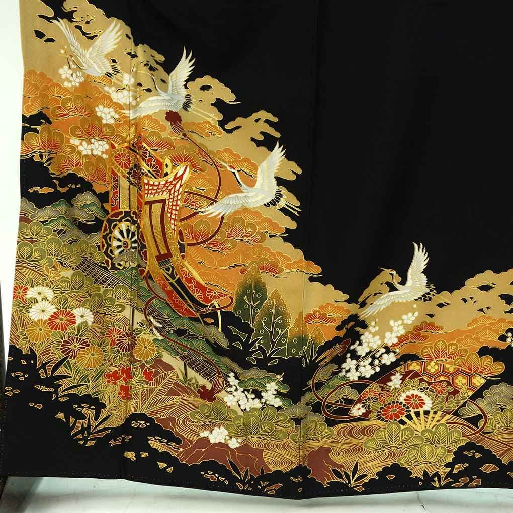 黒留袖 身丈165 cm 裄66 前幅24 後幅30 袖丈48 袖幅33 レディース 御所車 裄長 裄M Lサイズ 年中着用可 正絹 シルク ブラック トールサイズ やや難 リメイク リユース リサイクル 呉服のきくや