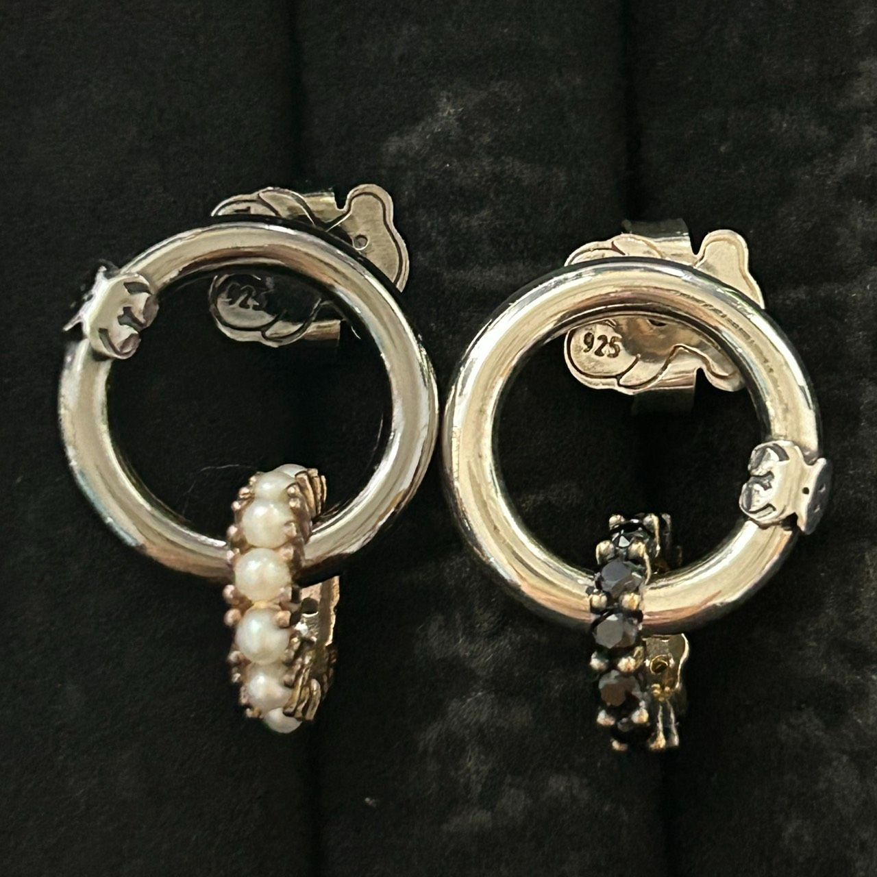 良品】TOUS トウス シルバー925 パール＆ブラックストーン フープ 