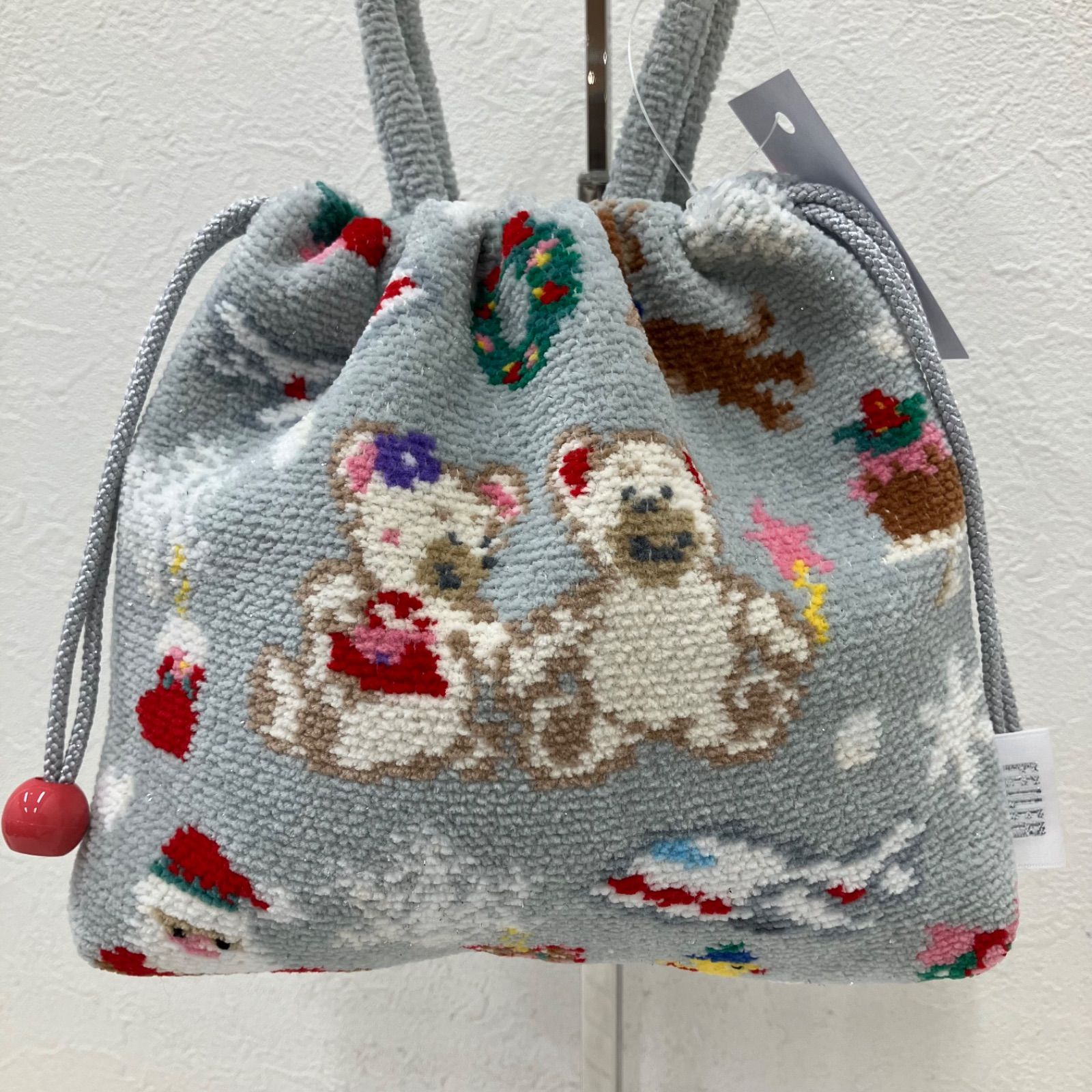 5977 FEILER フェイラー リーベ&リリア JAL ジャル コラボ ホリデー クリスマス ハンドバッグ 手付き巾着 巾着 ミニバッグ ミニ 小さめ グレー 飛行機 サンタ レディース きれいめ