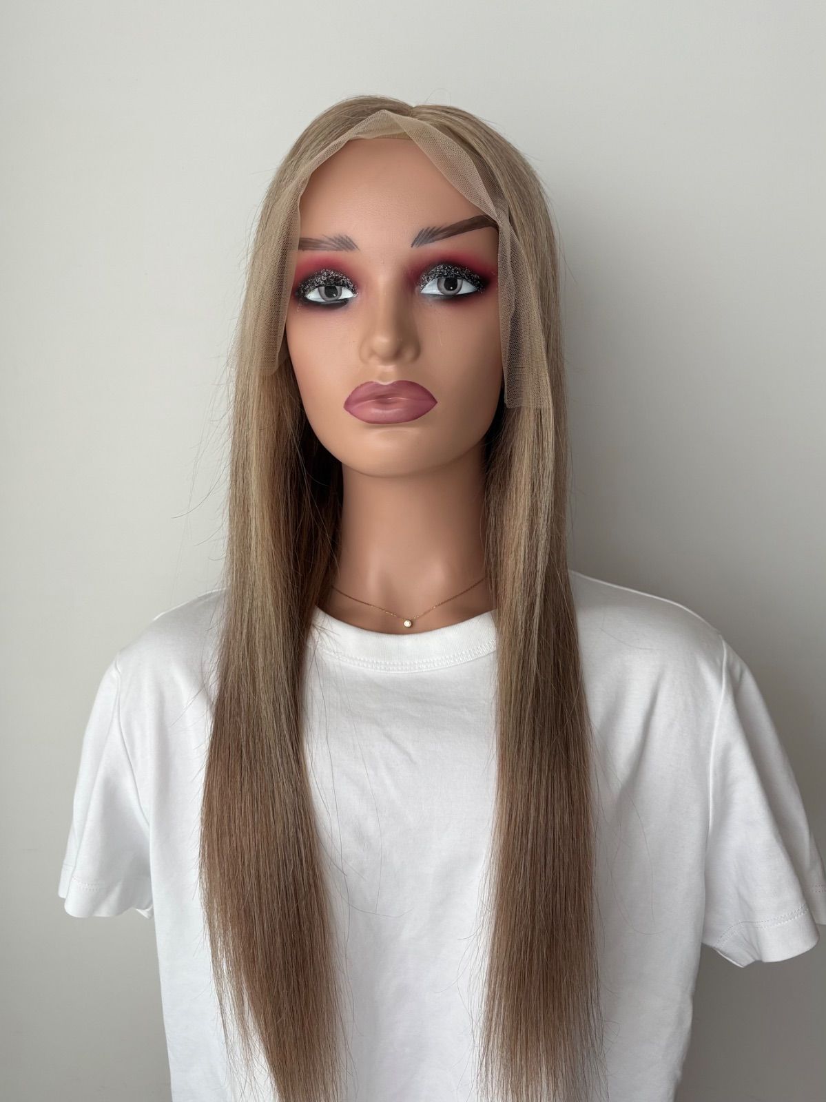 人毛 フルウィッグ｜ローズゴールド｜耳が出せる 自然なもみあげ｜ロング