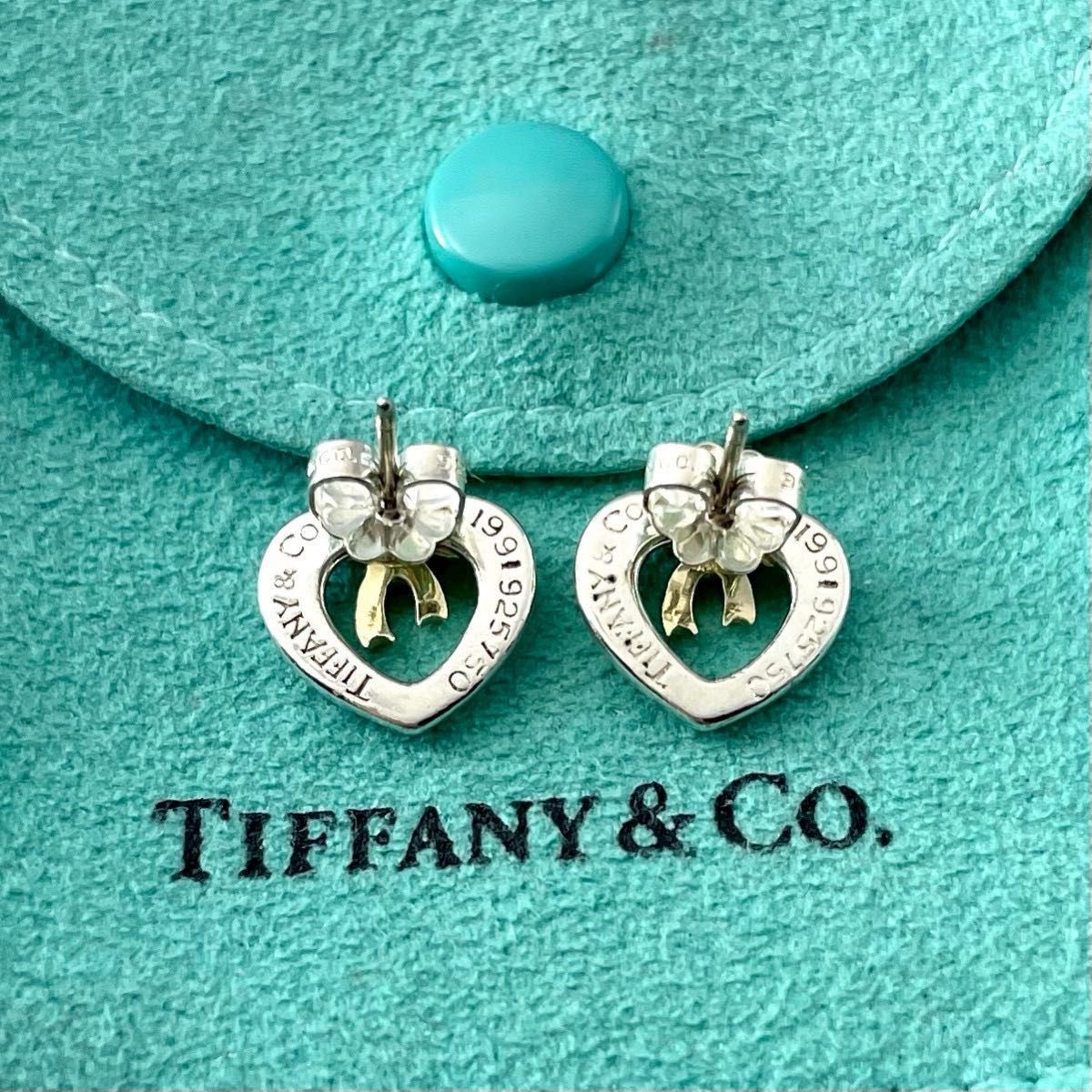 オールドティファニー リボン ハート ピアス コンビ 750 925 P9f