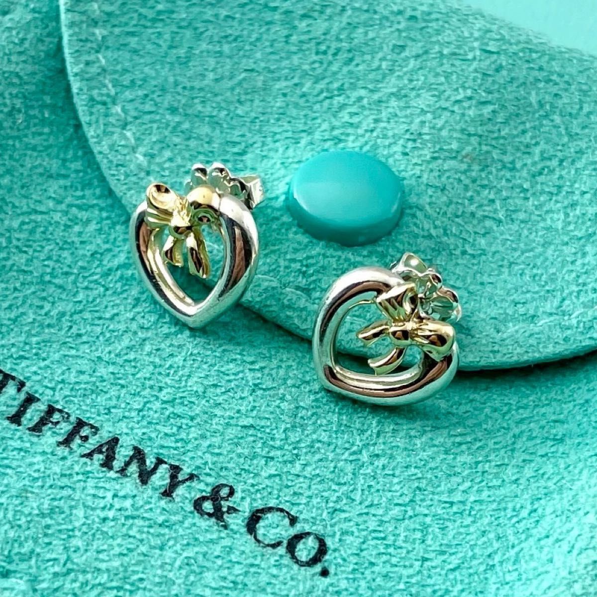 オールドティファニー リボン ハート ピアス コンビ 750 925 P9f