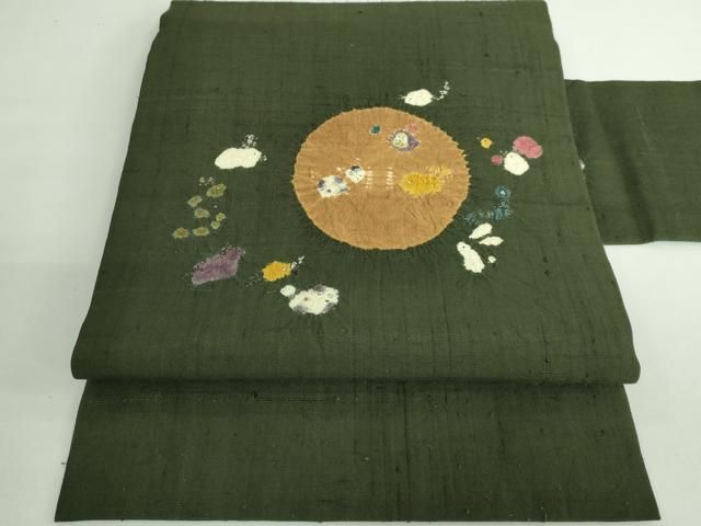 平和屋着物■極上　十日町 名門青柳謹製　九寸名古屋帯　紬地　絞り　干支　相撲　海松色地　逸品　DZAB0691kh5 平和屋着物□極上 十日町 名門青柳謹製 九寸名古屋帯 紬地 絞り 干支