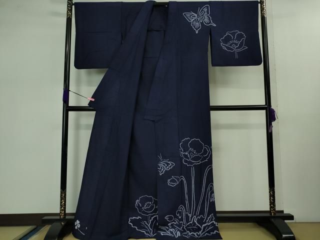 平和屋着物 上 夏物 浴衣 有松鳴海絞り 舞蝶花文 紺色地 綿 kh 5