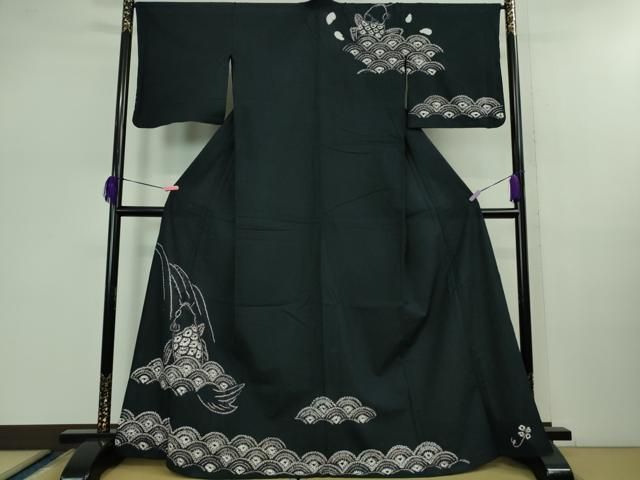 平和屋着物 上 夏物 浴衣 有松鳴海絞り 鯉の滝登り 黒地 綿 kh 5